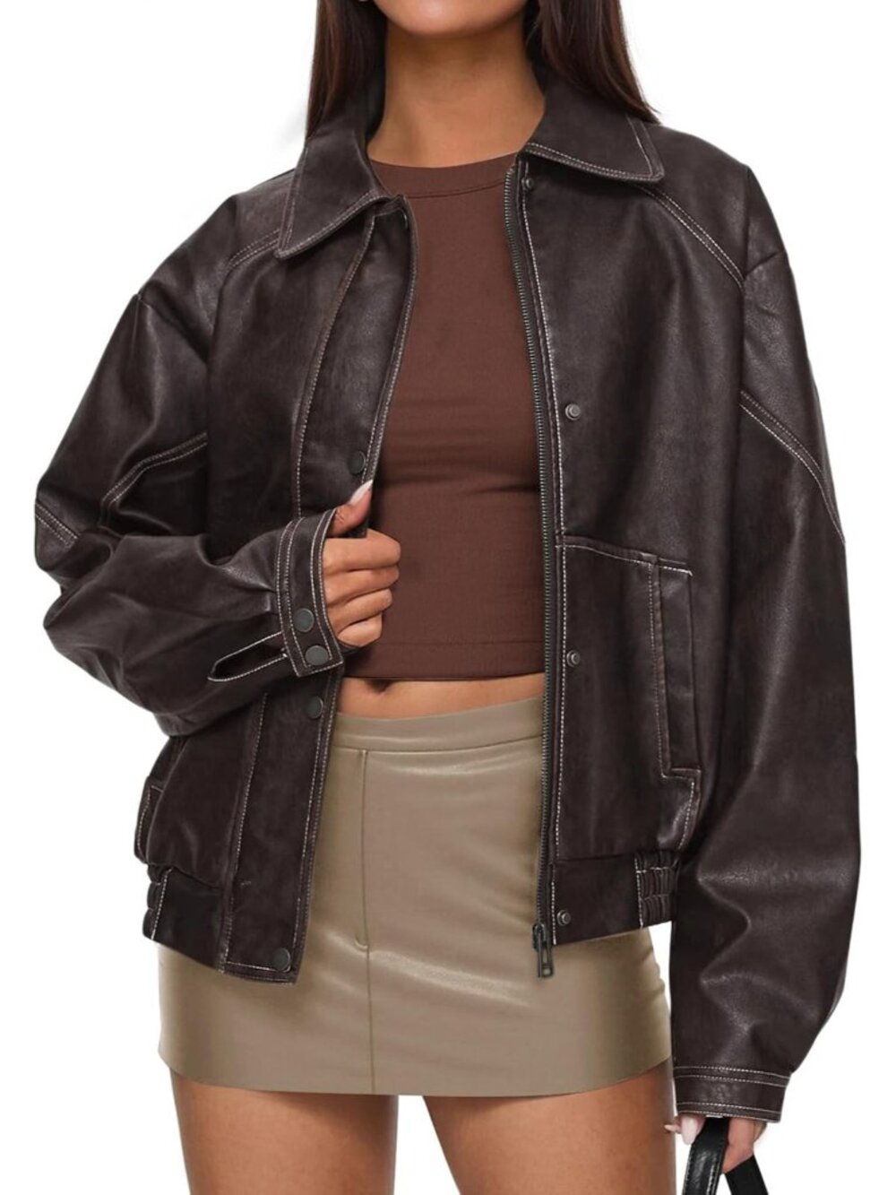 Women's Dark Brown Leather Bomber Fall Trendy Jacket Faux Oversized Zip Up Coat